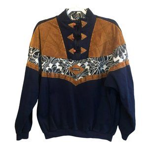 Vtg TU LIFT Co Sainsburys 1/4 Zip LS Pullover Boho Hippie Mixed Fabrics